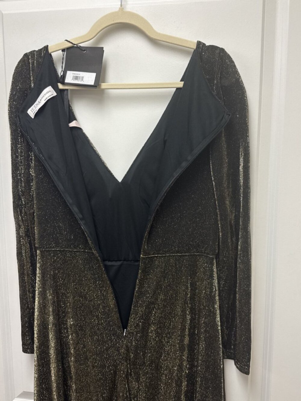 Mac Duggal Size 8 Black Gold 49088 Long Sleeve Faux Wrap A Line Gown Dress NWT - Picture 10 of 13